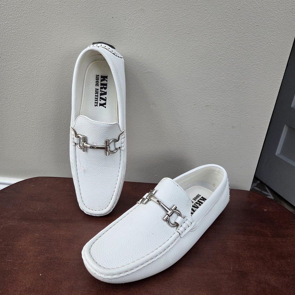 Krazy Shoe Artists White Slip-On Loafers with Metallic Hardware
